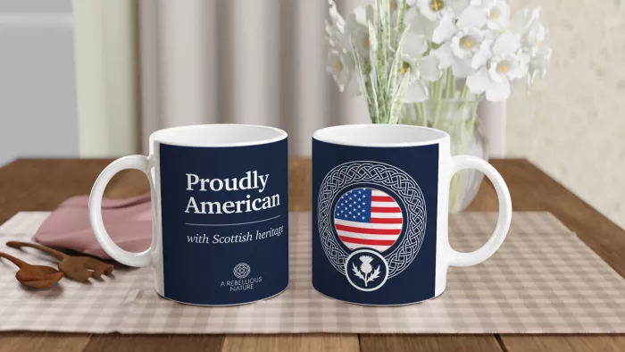 Proudly American with Scottish Heritage blue mug